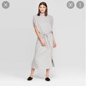 “Prologue" brand, knit batwing midi-dress w/elastic belted waist & mock neck